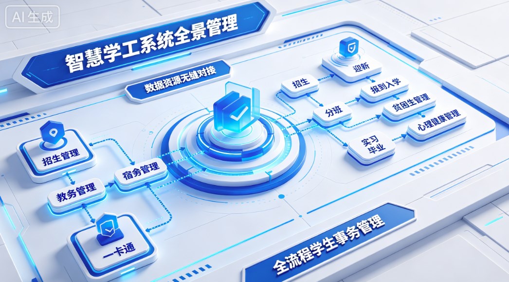 智慧教务（排课、调课、教材、教师档案管理、学生学籍管理、成绩管理、大教研），智慧学工（招生、入学、迎新、实习管理、活动管理） 
