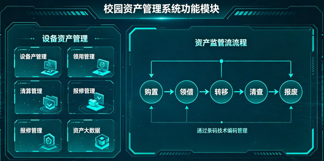  后勤总务中心涵盖了宿舍管理、智慧食堂、资产管理、校园一卡通（卡务、用水、用电、洗衣机、吹风机）、支付平台、能耗监测